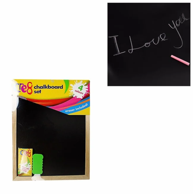 Childrens Black Chalkboard Set Includes 4 Coloured Chalks & Eraser 30cm x 23cm 3854 (Parcel Rate) Pack Of 2