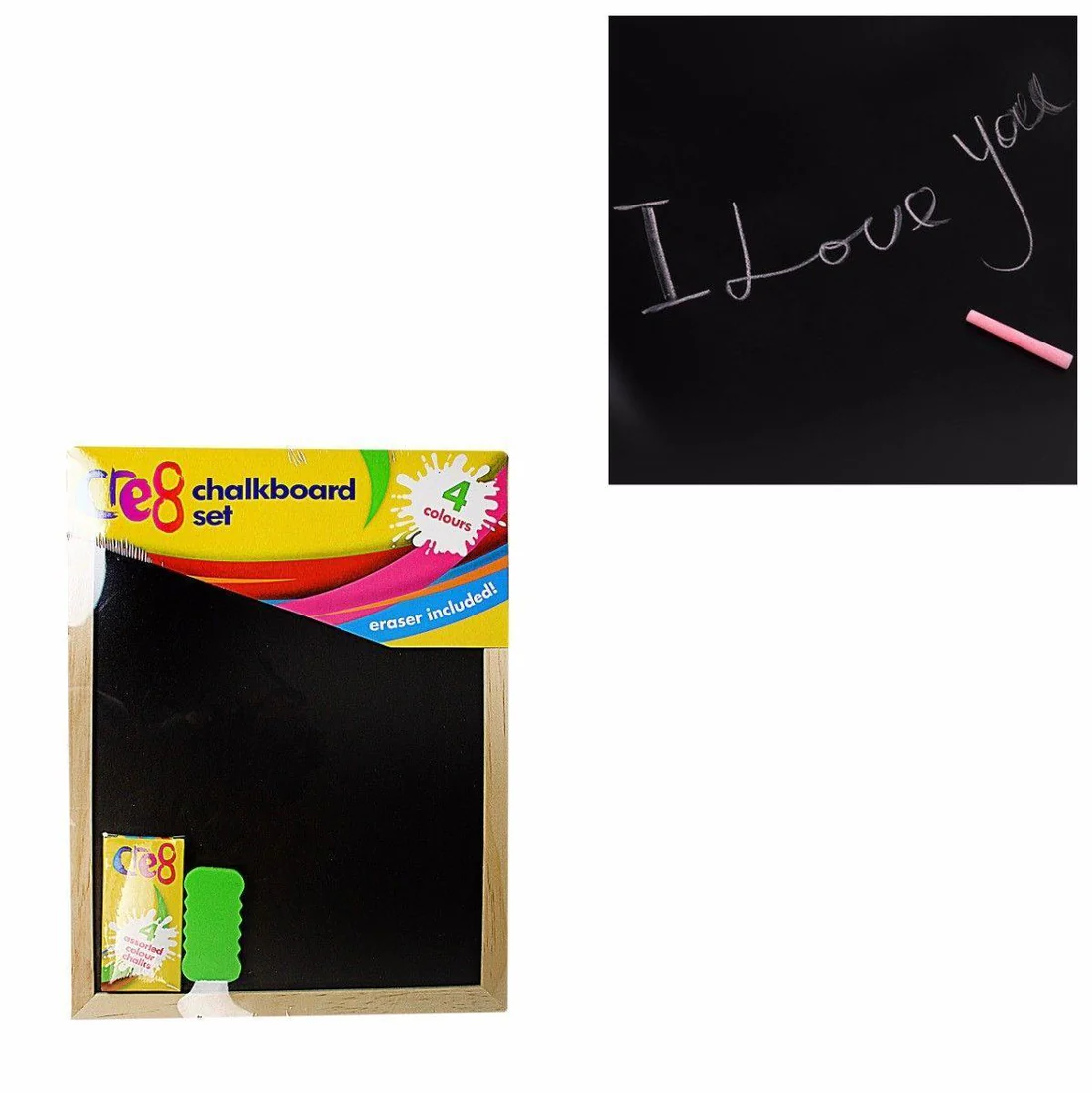 Childrens Black Chalkboard Set Includes 4 Coloured Chalks & Eraser 30cm x 23cm 3854 (Parcel Rate) Pack Of 2