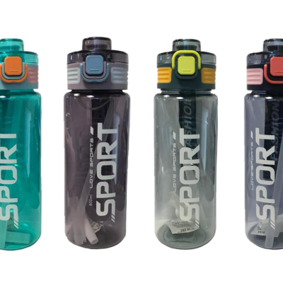 Plastic Water Drinking Bottle with Straw 23 x 8 cm Assorted Colours 7452 (Parcel Rate)