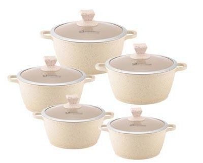 Nea Marbell Diecast Stockpot Set 5 Pack Natura-Cream Marble Effect 20-24-28-30-32cm 6757 (Big Parcel Rate)