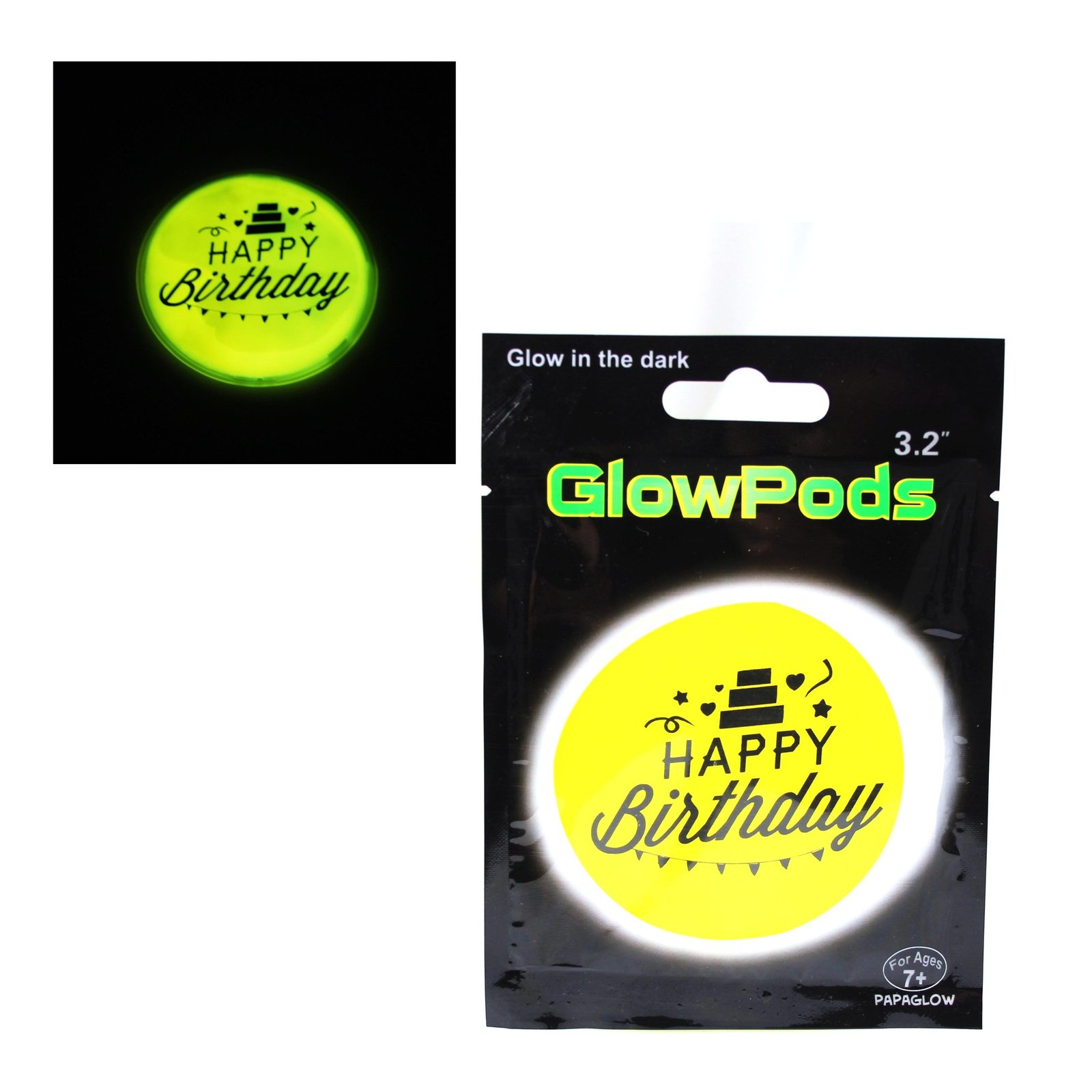 Glow In The Dark 'Happy Birthday' Round Sticker Glow Pod 3.2'' 5265 (Parcel Rate)