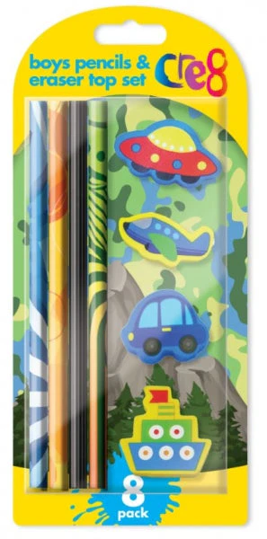 Cre8 Boys Pencil and Eraser Set Pack of 8 P2784 (Parcel Rate) Pack Of 3