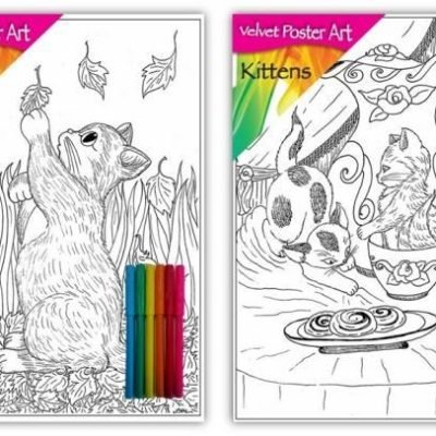Velvet Poster Art Children's' Fun Colouring with Pens Kittens 2 25 x 38 cm 2 Designs P3001 (Parcel Rate) Pack Of 3