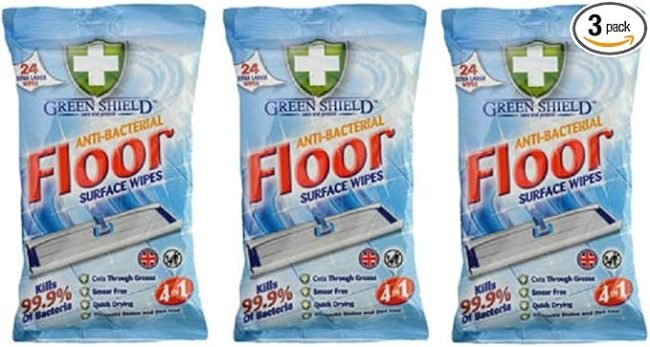 3 x GREENSHIELD ANTIBAC Floor Surface Wipes Packs of 24 Extra Large Wipes (72 Wipes)
