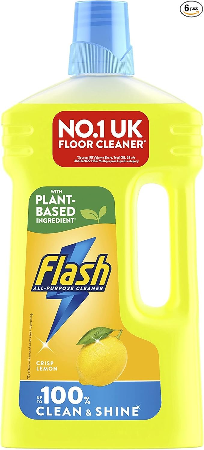 Flash Multipurpose Floor Liquid Cleaner Crisp Lemon (950ML x 6). Up To 100% Dirt And Grease Removal